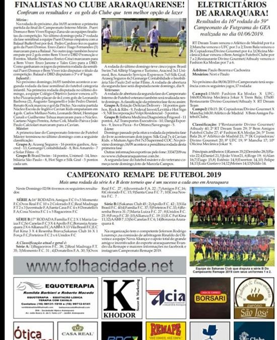 Página 06 ,Clubes ,Folha da Cidade de Araraquara desta 05/06,quarta- feira!