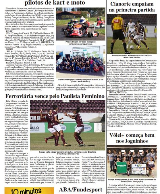 Esportes e Lazer de 18/06/2019,Terça-feira na Folha da Cidade de Araraquara!