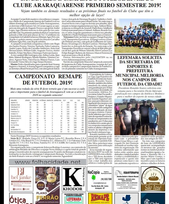 Página 06,Futebol ,Folha da Cidade de Araraquara de quarta- feira,31/07/2019!