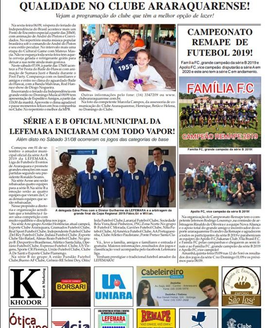 Página 06,Futebol ,Folha da Cidade de Araraquara de quarta- feira,04/09/2019!