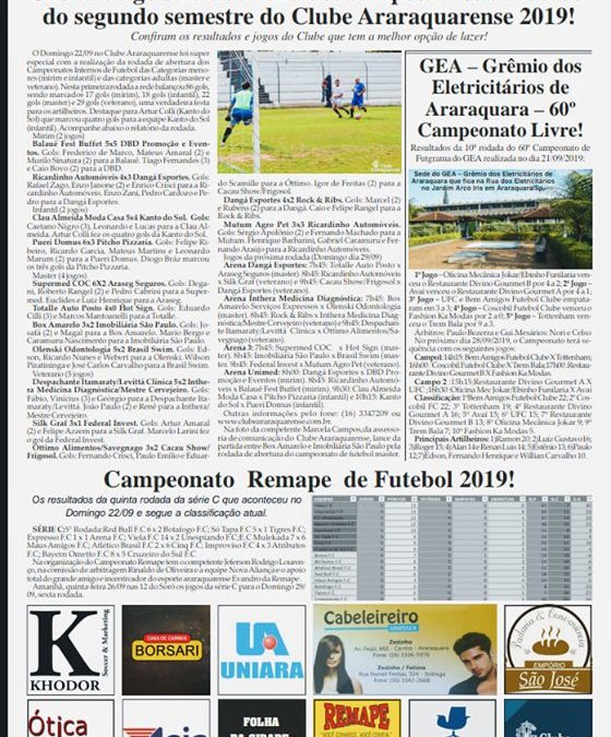 Página 06,Futebol ,Folha da Cidade de Araraquara de quarta- feira,25/09/2019!