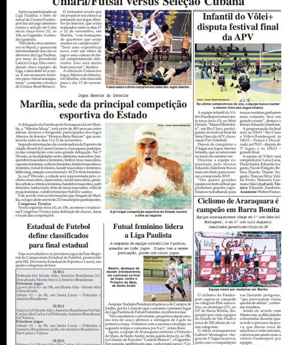 Esportes e Lazer na Folha da Cidade de Araraquara de 05/11/2019,terça-feira!