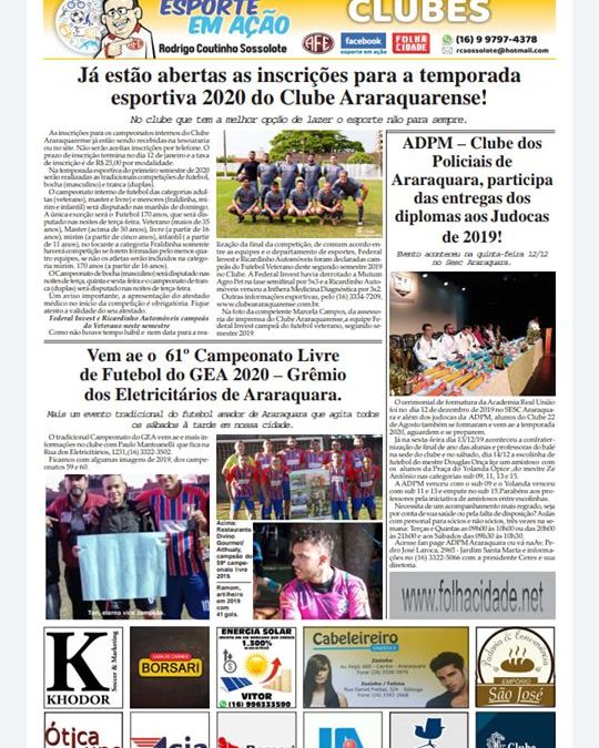 Página 06,Clubes,Folha da Cidade de Araraquara de Quarta feira ,18/12/2019!