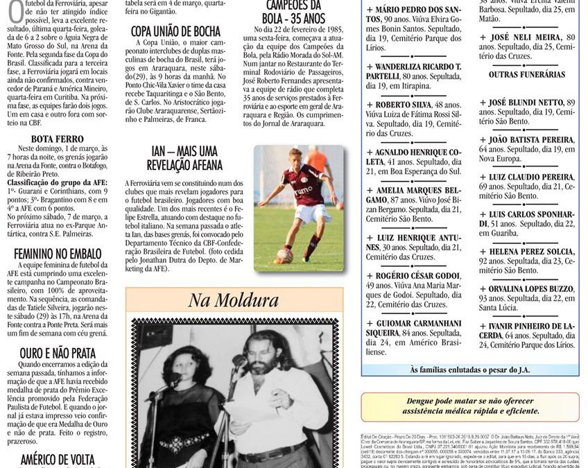 ESPORTES – JORNAL DE ARARAQUARA – 29/02/2020! Com Wilson Silveira Luiz!